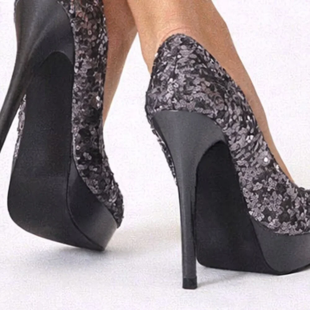 Stunning NEW Gray Sequin Bling Sparkle Vegan Leather Platform Party Pumps Shoes